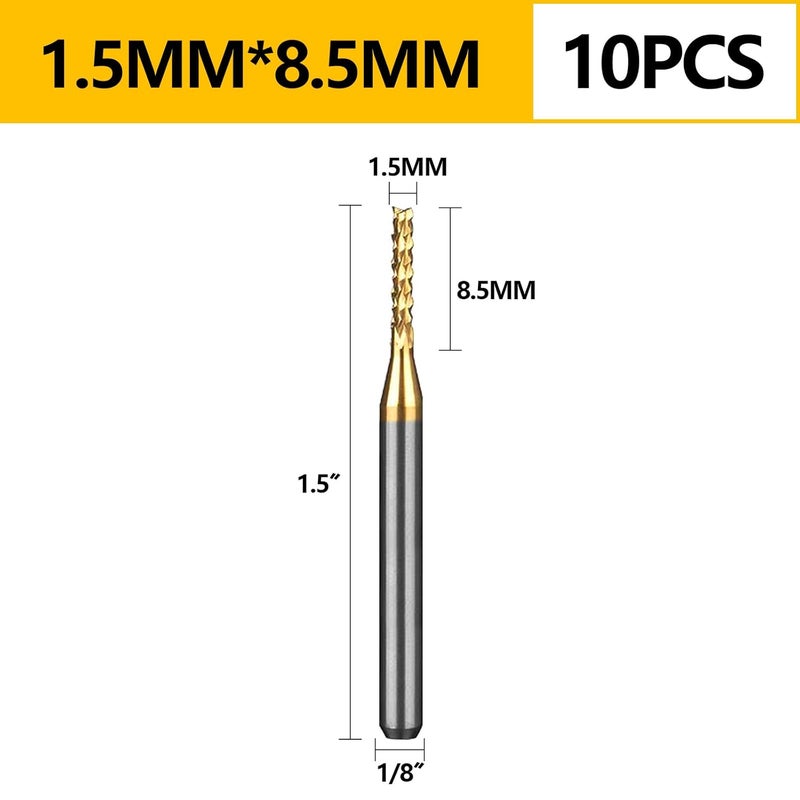 WEXWE Tools 10Pcs 1.5mm TiN Coating Solid Carbide End Mill Engraving Milling Cutter CNC Router Bits for PCB Machine, 1/8" Shank 1BOX - Image 5